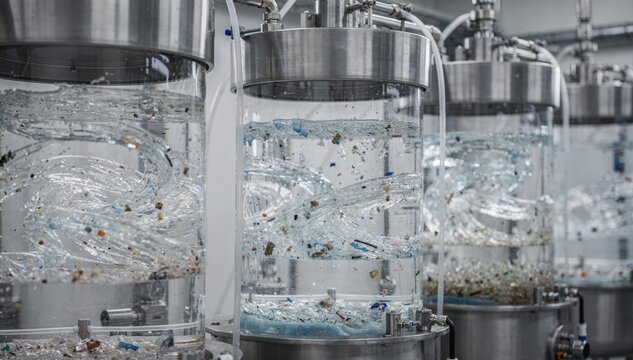 Medium shot of clear resin blends within mixing tanks demonstrating transparent polymer formulations enhanced with recycled materials for circular economy solutions.