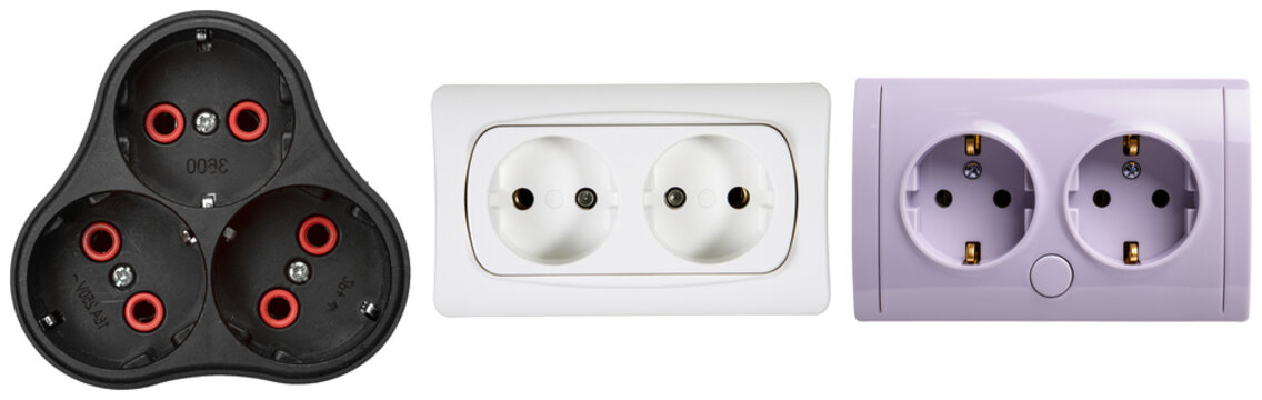 Three different types of electrical outlets: a black triple socket adapter, a white double socket, and a lilac double socket.