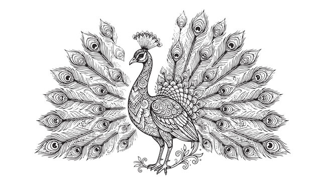 Intricate peacock line art vector, ornate zentangle bird illustration with decorative feathers, majestic peacock coloring page design for adults