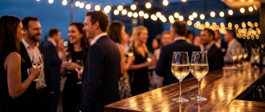 White wine glasses on a wooden bar counter in sharp focus against a blurred background of elegant people mingling under warm string lights at a corporate networking event or evening party