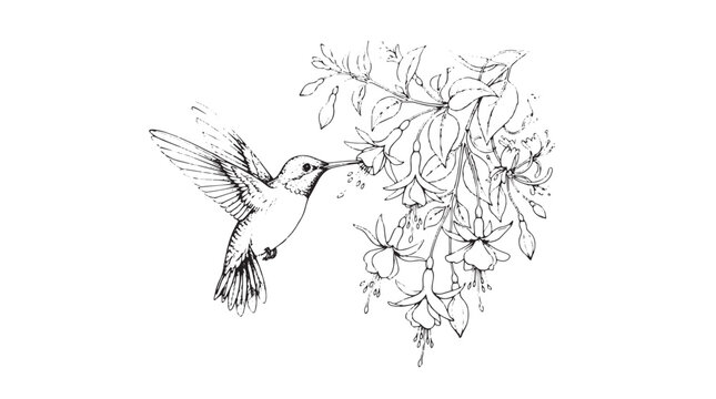 Vintage hummingbird sketch with fuchsia flowers, hand drawn bird and floral botanical illustration, black ink line art vector on white background