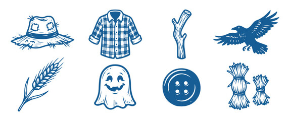 Fototapeta premium Halloween icons set with scarecrow, ghost, crow, and farm elements in blue outline style