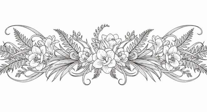 Vintage horizontal botanical border featuring hand-drawn freesia flowers and fern leaves in a black and white line art style for coloring book pages and invitation headers.