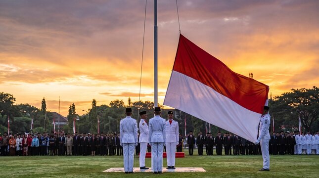 Honor guard raising the Indonesian flag during an Independence Day ceremony at sunrise with dramatic skies, ceremonial formation, patriotic spirit, and realistic documentary style.