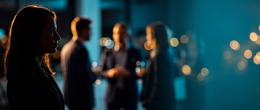Isolated woman at a corporate networking event, captured in a cinematic profile silhouette with teal and orange lighting, illustrating social anxiety during an evening business reception