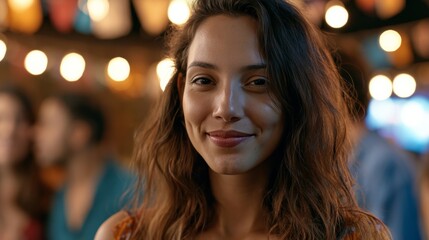 Obraz premium Young woman smiling at a lively outdoor evening gathering with bokeh lights