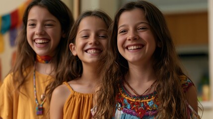 Fototapeta premium Three happy young girls with long brown hair smiling together outdoors
