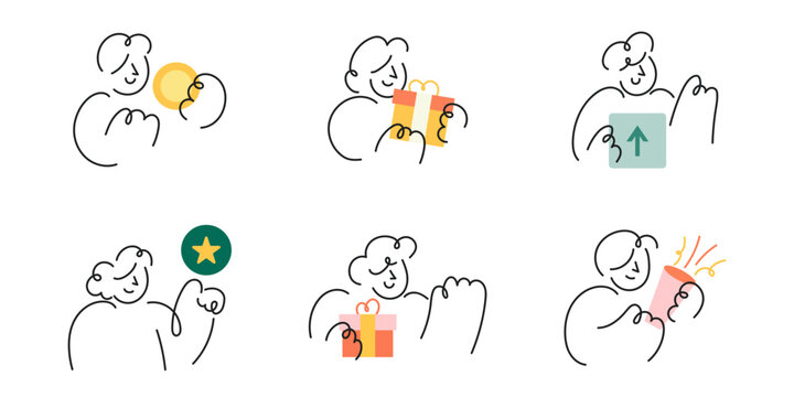Line art character set featuring diverse people in various reward, recognition and celebration concepts illustration.