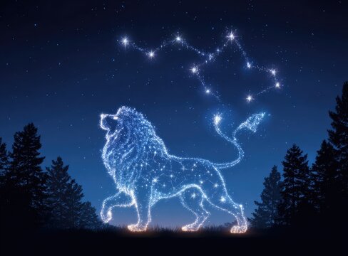 Luminous lion constellation with corresponding star map, set against a dark blue night sky