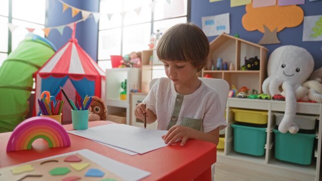 Boy drawing with pencil, hand on paper at a play table inside a building playroom filled with toys; concentration playfulness.