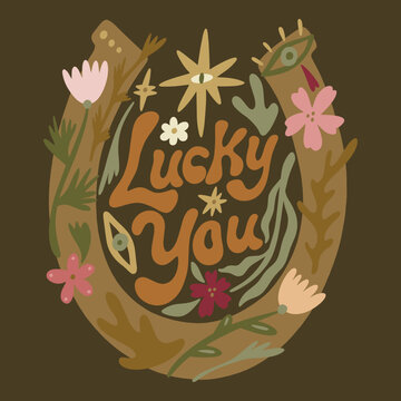 Groovy vector logo featuring lucky horseshoe decorated with vibrant wildflowers and greenery in a charming cowboy western and folk style