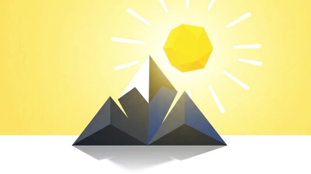 Flat vector animation of a majestic snow-capped mountain peak designed in a modern low-poly geometric style. Features a dynamic time-lapse transition where a faceted yellow sun rises from behind the s