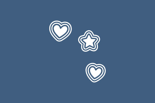 White outlined heart and star shapes floating against a flat solid blue background creating a simple minimal graphic design element