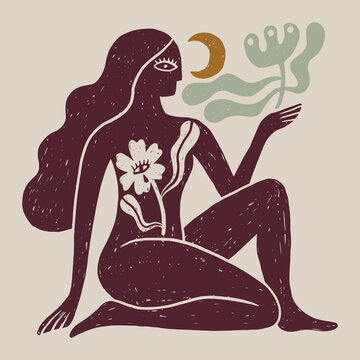 Divine goddess vector clipart illustration, minimalist sacred magic woman silhouette, celestial boho branding element, mystical female deity line art for tarot and wellness logo