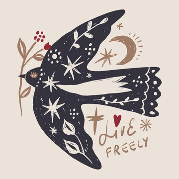 Minimalist bird and botanical vector illustration, hand-drawn live freely lettering, mystical freedom concept line art, modern celestial silhouette for eco branding and t-shirt print