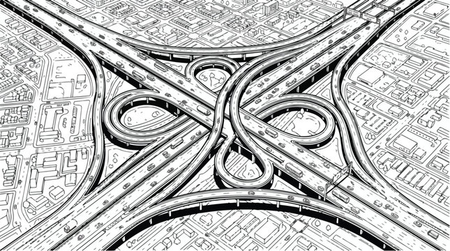 Aerial View of Urban Highway Cloverleaf Interchange Line Art