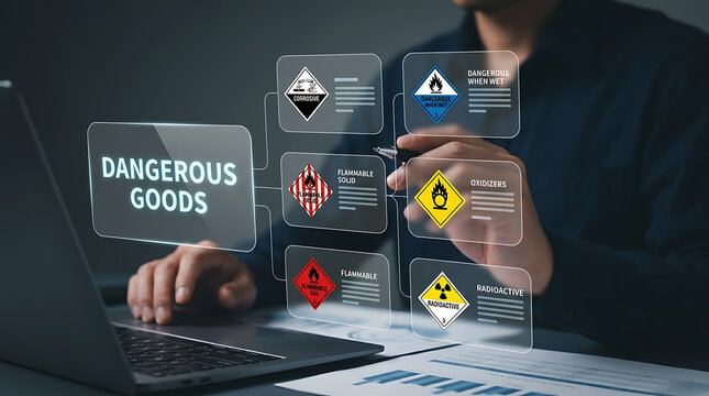 Dangerous Goods Warning Labels and Hazardous Materials Compliance Concept
