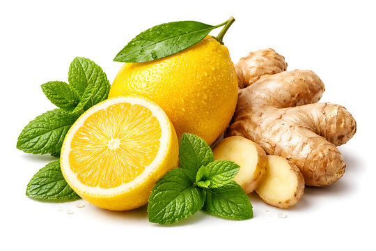 Fresh whole and sliced lemon with ginger root and green mint leaves isolated on white