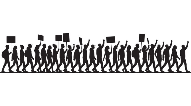 Silhouette of a large crowd of people marching in protest with placards on white background