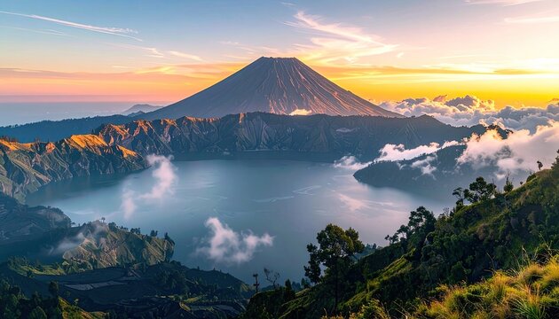 Majestic volcano caldera lake at sunrise with golden sky and clouds.