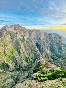 Central mountain massif with rugged peaks and cloud inversion at sunset Madeira Portugal