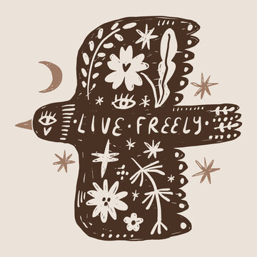 Minimalist bird and botanical vector illustration, hand-drawn live freely lettering, mystical freedom concept line art, modern celestial silhouette for eco branding and t-shirt print