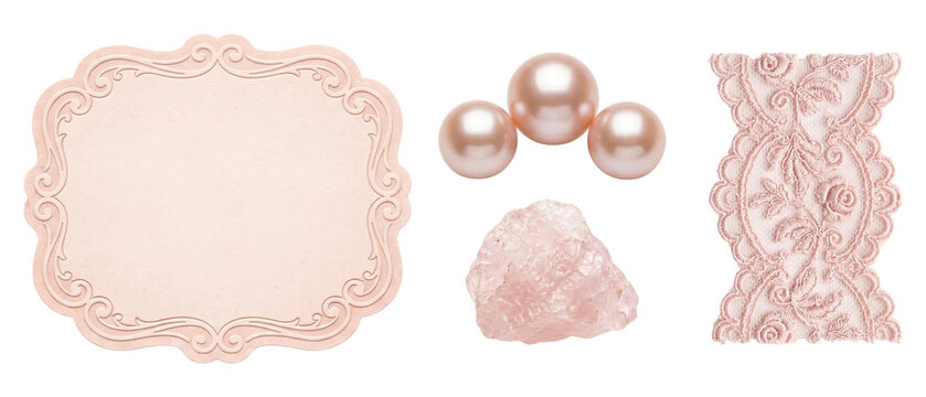 PNG pink scrapbooking elements set with vintage paper frame pearls lace ribbon and rose quartz crystal for planner design on transparent background