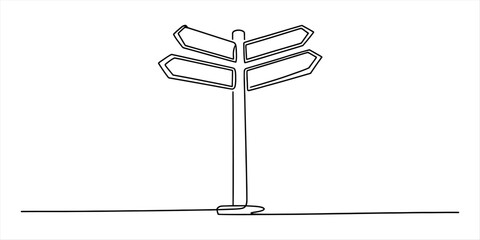 Continuous single line drawing of a wooden signpost with four empty arrows pointing in different directions for travel navigation and decision making © Tona Drawing Gallery