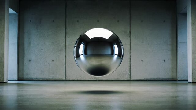 Polished chrome sphere floating above a smooth concrete surface with slow rotation and dynamic reflections. Premium minimalist abstract motion background.