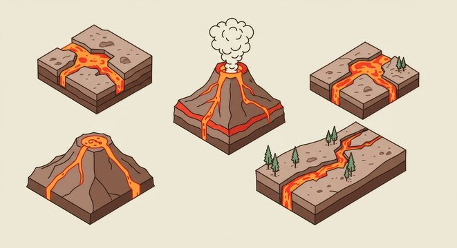 Illustration of five different volcanic landscapes with lava flows and one erupting volcano
