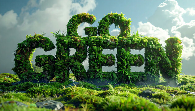 Go Green 3D Typography Made of Lush Green Plants and Moss in a Natural Landscape for Ecology and Sustainability Concept