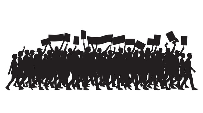 Silhouette of a large crowd of protesters marching with banners and signs on white background