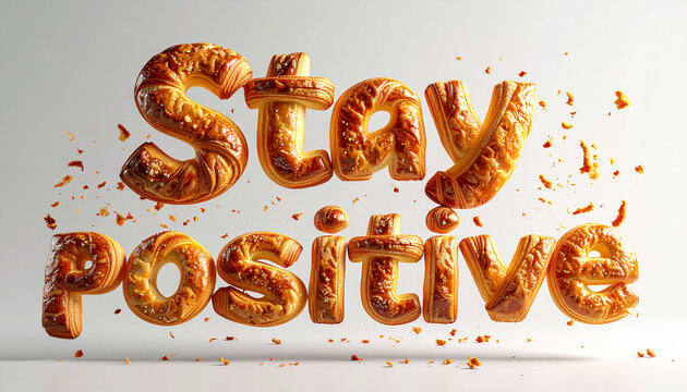 Stay Positive message written with golden baked pastry letters floating with crumbs on a clean white background