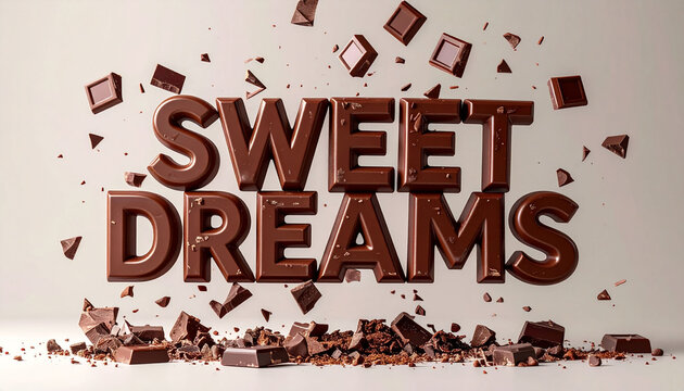 Sweet Dreams text made of chocolate with scattered chocolate pieces.