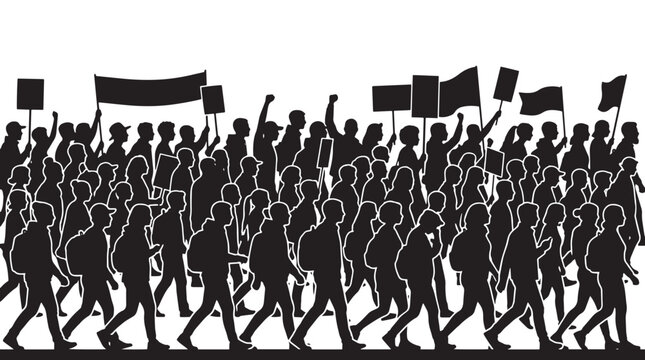Silhouette of a large crowd of people marching in protest with signs and banners at a rally