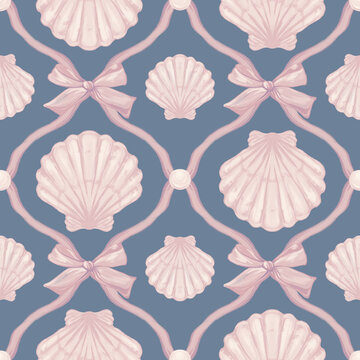 This seamless pattern features hand-drawn seashells arranged in a delicate ribbon lattice design, creating a refined coastal aesthetic. The soft blue shells combined with mint green bows bring a light