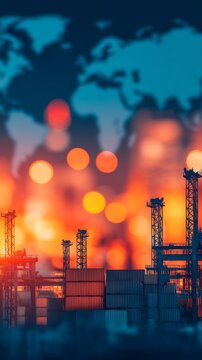 Industrial cranes and containers with a blurred cityscape and world map background, symbolizing global trade and logistics.