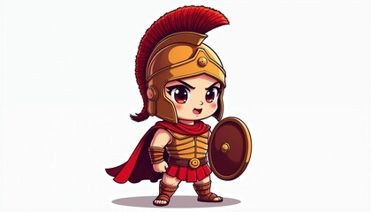Fototapeta premium Cute chibi Spartan warrior cartoon character wears golden helmet with red crest, armor. Brave little fighter holds round shield for protection. Small mascot stands ready for battle in ancient Greece