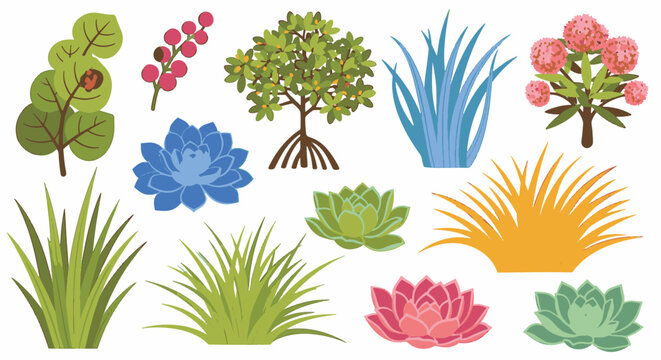Collection of stylized coastal plant vector illustrations including mangrove trees, sea grapes, succulents, and various tropical grasses in vibrant colors on a white background.
