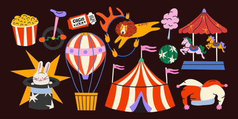 Large vector set of circus stickers in trendy cartoon style. Carnival fair elements with tent, air balloon, clown, popcorn, lion and rabbit magician performer © luamor