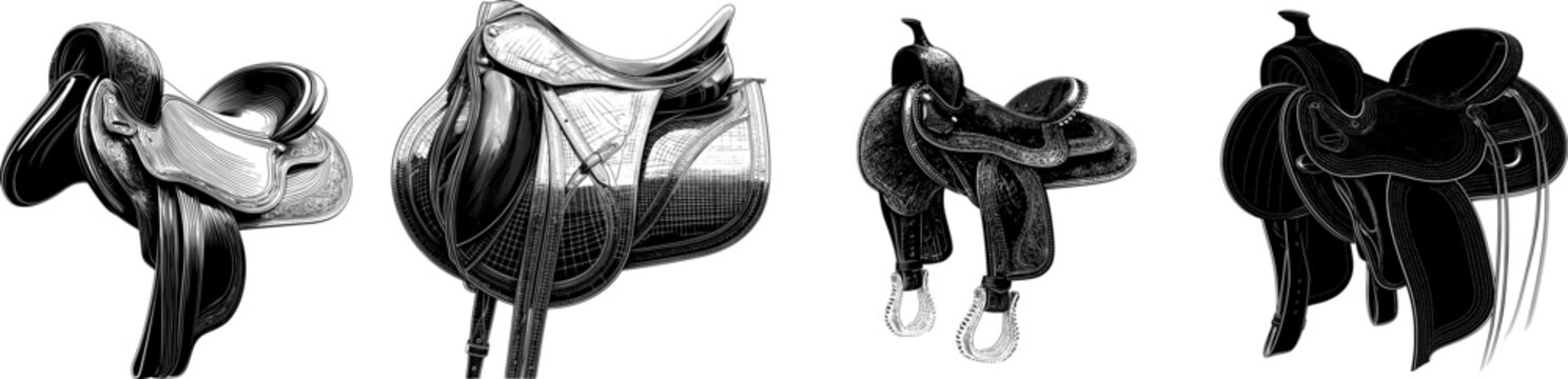 A black leather horse saddle in a 2D flat vector style with intricate floral patterns on a white background
