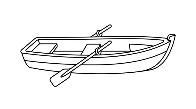 Simple line drawing of an empty rowboat with oars, isolated on white