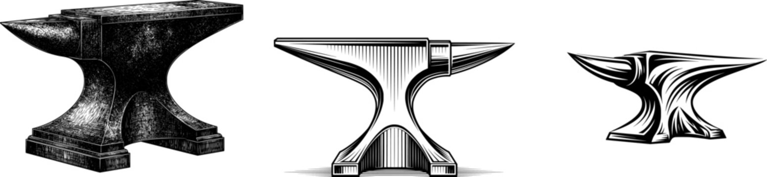 A black, heavy iron anvil in a 2D flat vector style with a white background, showcasing its intricate details and craftsmanship