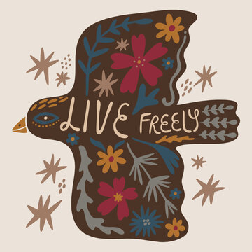 Minimalist bird and botanical vector illustration, hand-drawn live freely lettering, mystical freedom concept line art, modern celestial silhouette for eco branding and t-shirt print