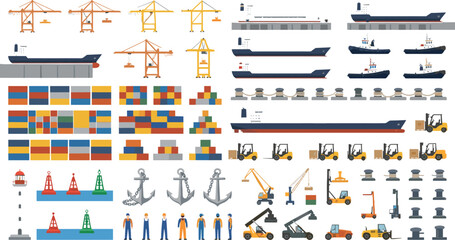 Maritime Shipping and Port Logistics Collection Featuring Cargo Ships Container Cranes Forklifts Harbor Equipment Dock Infrastructure and Marine Transport Vector Set © Minara
