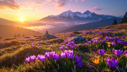 Obraz premium A breathtaking mountain landscape bathed in the warm glow of sunrise, with a meadow full of vibrant purple crocuses in the foreground.