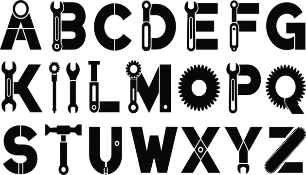 Modern flat construction tool themed alphabet vector set for branding and design