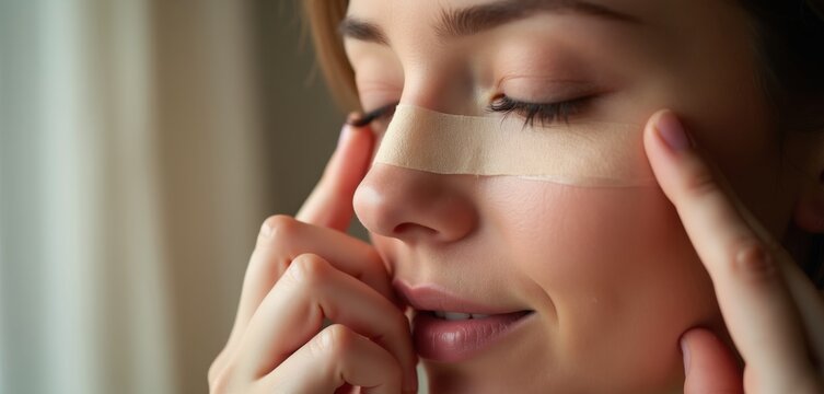 Young woman applies adhesive nasal strip on nose bridge for improved breathing. Person uses medical breathing aid to reduce snoring, nasal congestion at night. Close up view shows skincare routine,