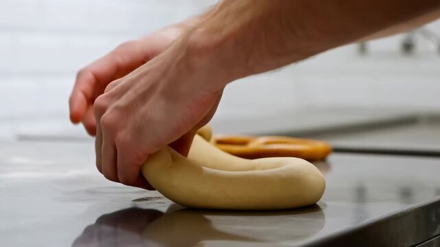 Hands shaping rolled dough into tight ring on stainless steel counter, viewed from low kitchen angle with active pinching, tucking, pressing, soft texture, bright reflections
