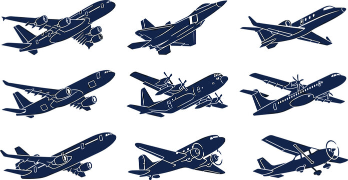 Airplane and Aviation Silhouette Icon Set with Commercial Airliners, Military Jet, Private Jet, Propeller Planes, and Cargo Aircraft Vector Designs